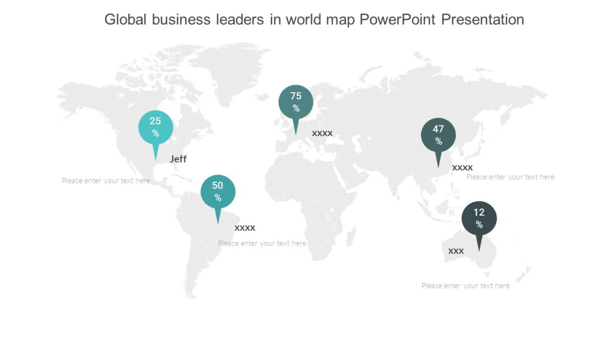Global business leaders in world map PowerPoint Presentation : 100% ...