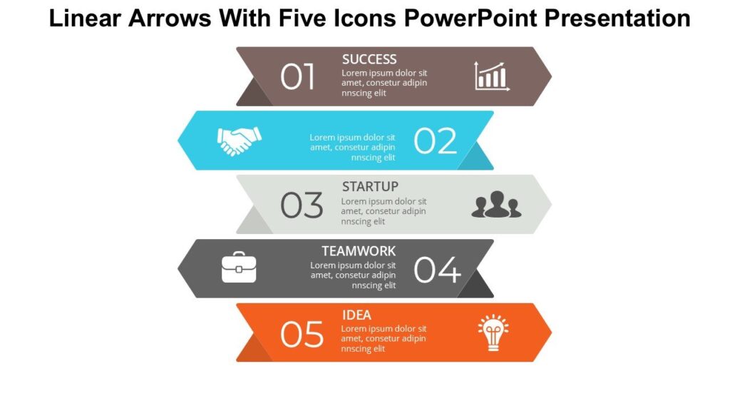 Linear Arrows With Five Icons PowerPoint Presentation : 100% Editable PPTx